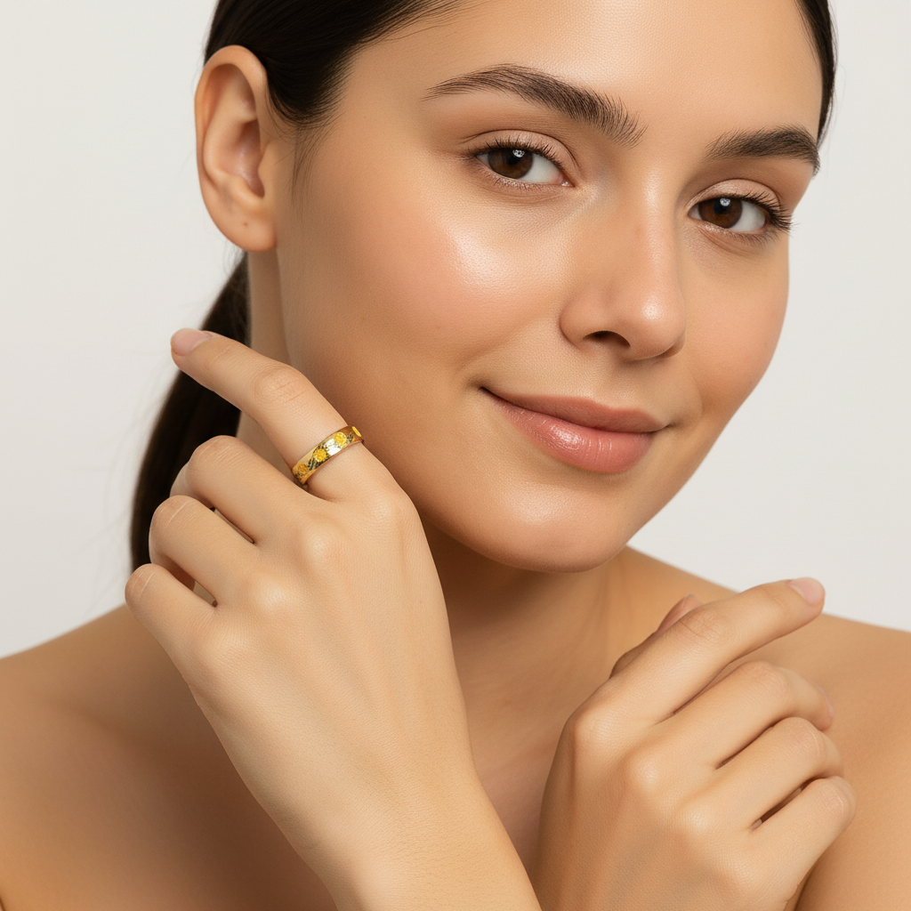 Gold Adjustable Ring with Yellow Floral Enamel Design LR10206