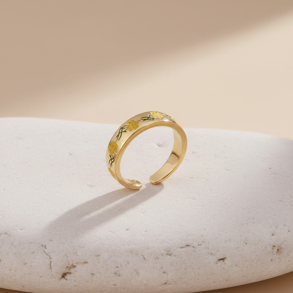 Gold Adjustable Ring with Yellow Floral Enamel Design LR10206