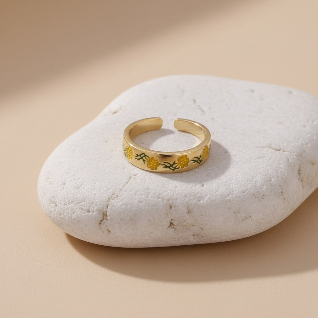 Gold Adjustable Ring with Yellow Floral Enamel Design LR10206