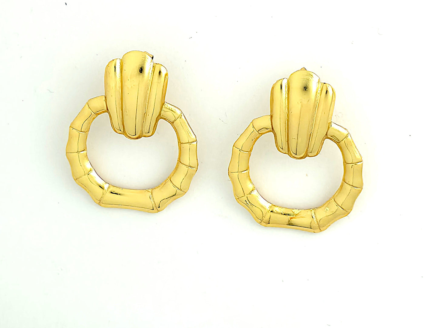 Gold Bamboo Ring Shell‑Top Drop Earrings LE10244