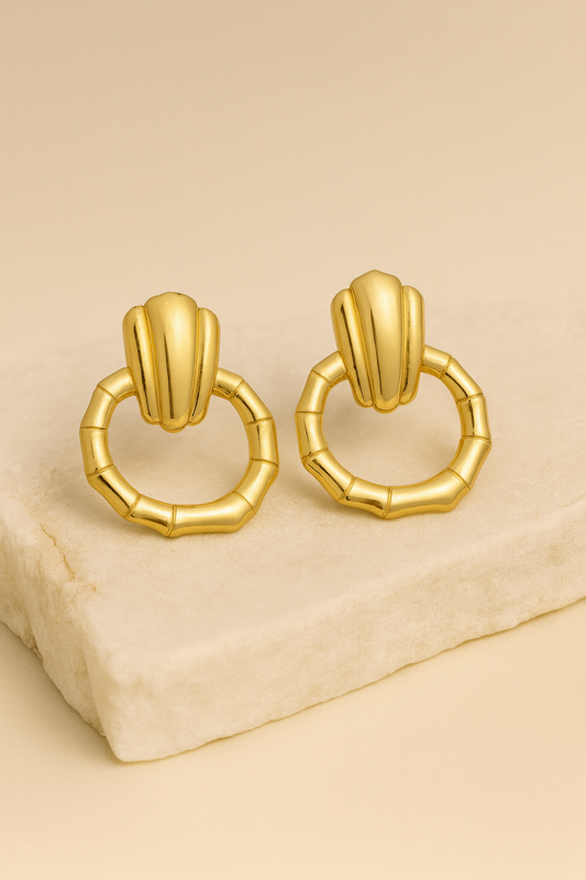 Gold Bamboo Ring Shell‑Top Drop Earrings LE10244
