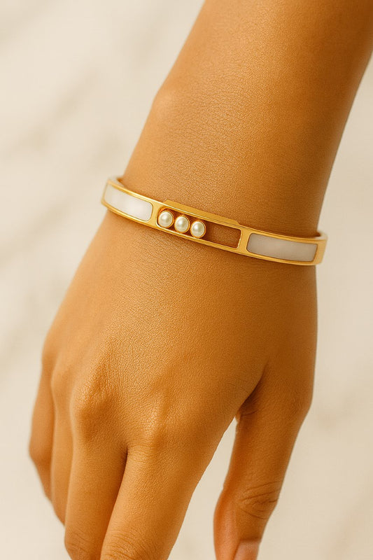Gold Bangle Bracelet – Modern White Enamel Inlay with Triple Diamond Accents LB10072