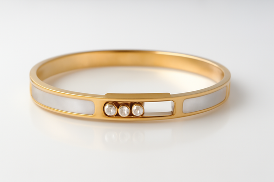 Gold Bangle Bracelet – Modern White Enamel Inlay with Triple Diamond Accents LB10072