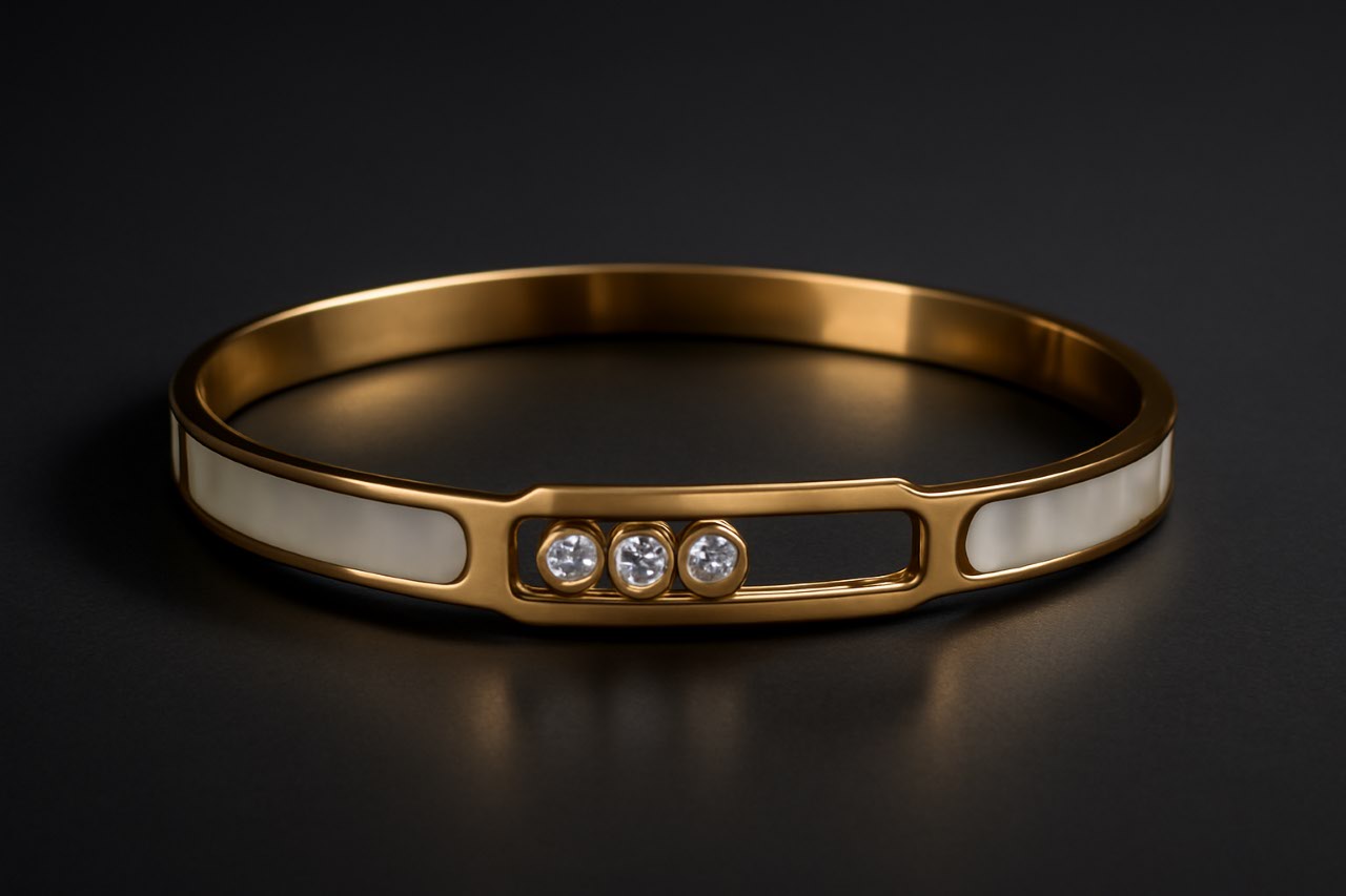 Gold Bangle Bracelet – Modern White Enamel Inlay with Triple Diamond Accents LB10072
