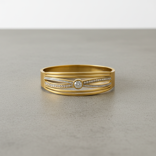 Gold Bangle with Central Crystal – Elegant Dual Line Stone-Studded Bracelet LB10200