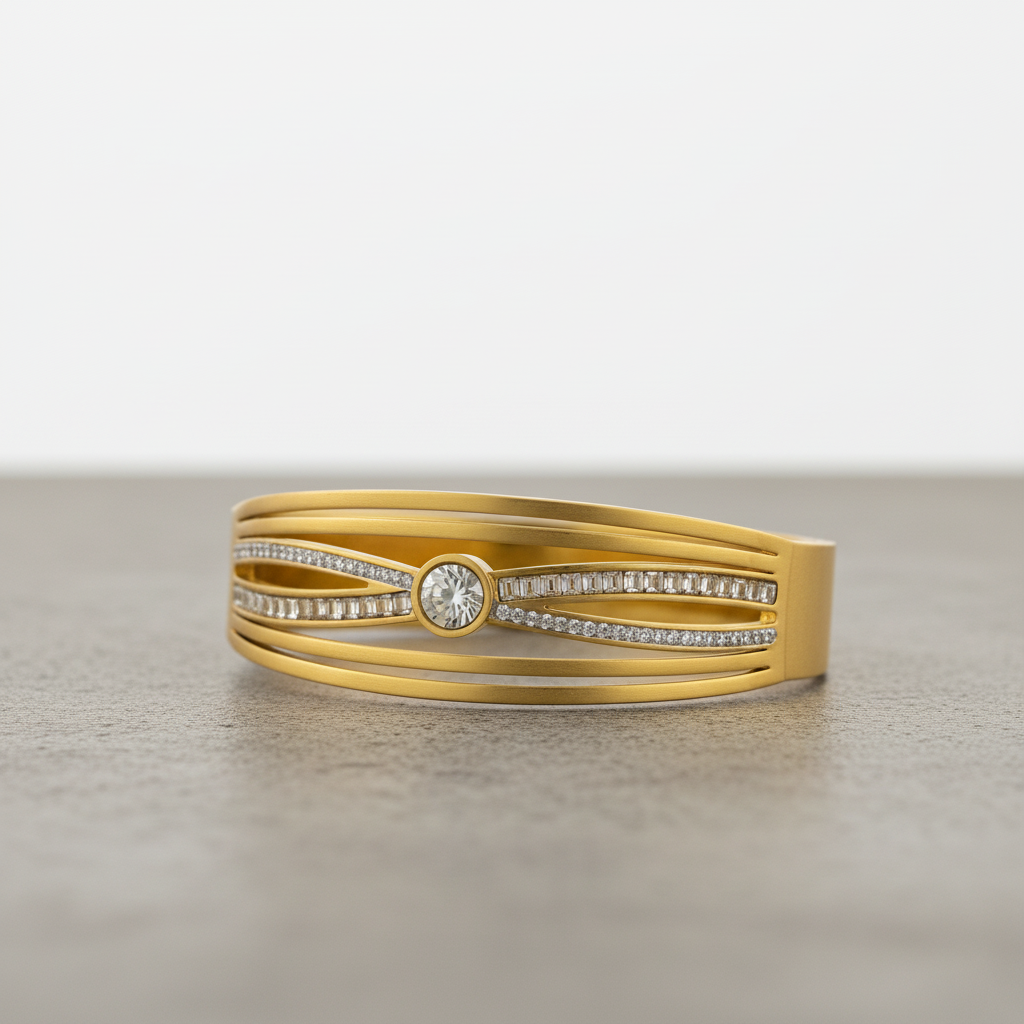 Gold Bangle with Central Crystal – Elegant Dual Line Stone-Studded Bracelet LB10200