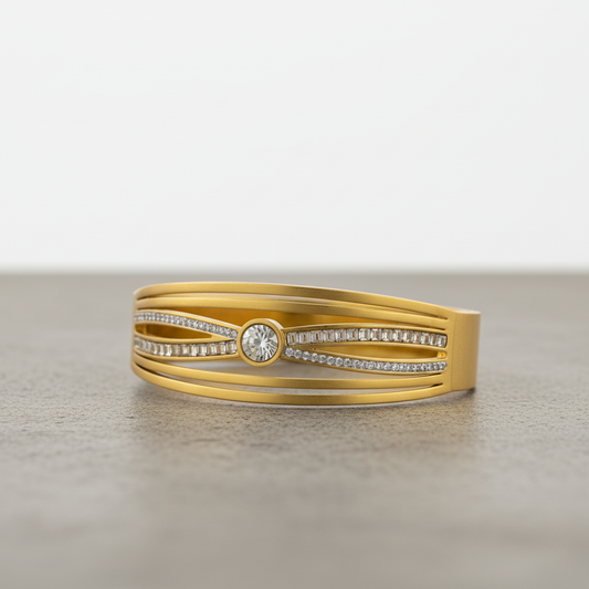 Gold Bangle with Central Crystal – Elegant Dual Line Stone-Studded Bracelet LB10200