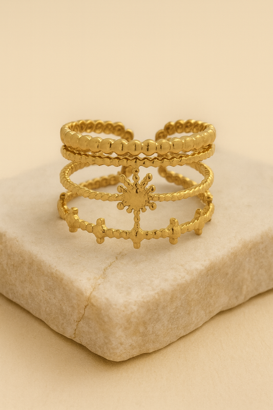 Gold Beaded Sunburst Open Ring LR10121