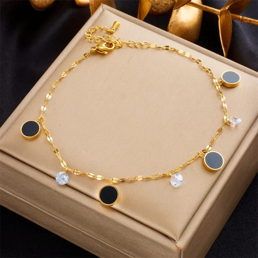 Gold Black Disc Dangle Anklet LA10105