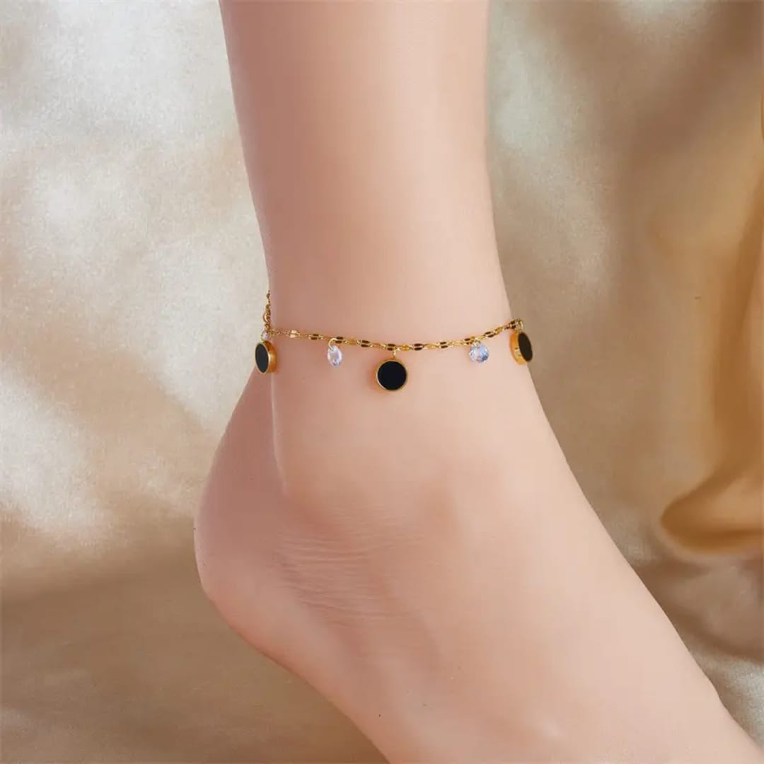 Gold Black Disc Dangle Anklet LA10105