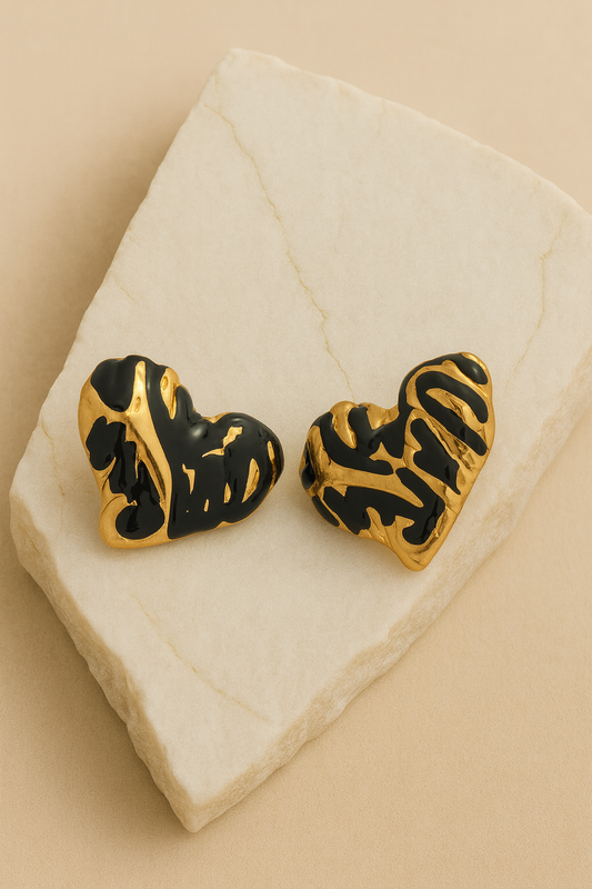 Gold Black Enamel Abstract Heart Studs LE10227