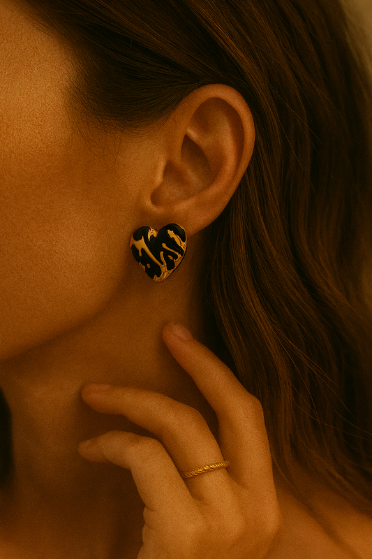 Gold Black Enamel Abstract Heart Studs LE10227