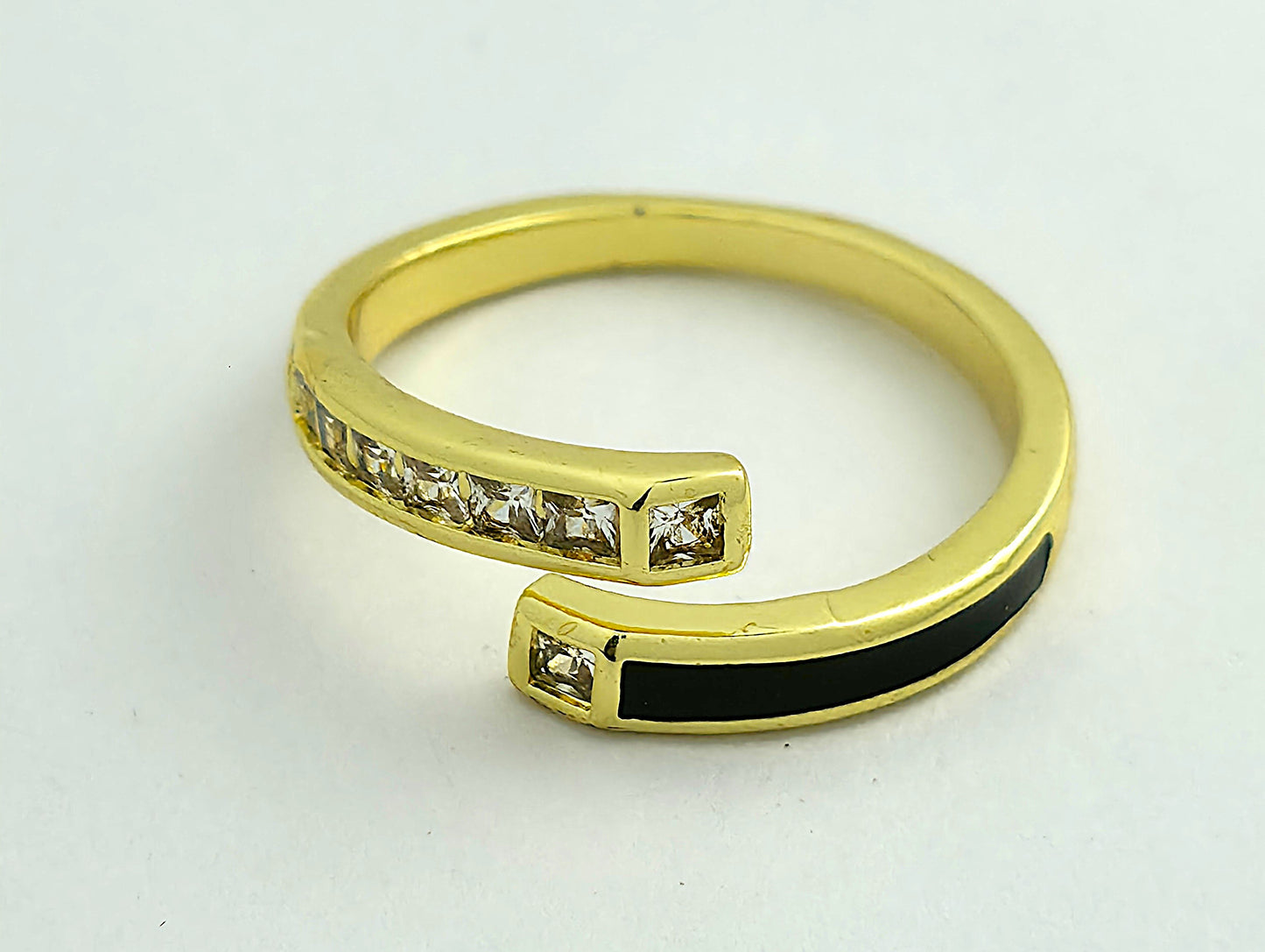 Gold Black Enamel Crystal Open Wrap Ring LR10132
