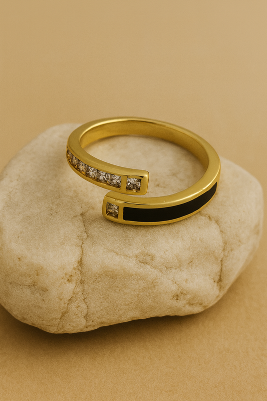 Gold Black Enamel Crystal Open Wrap Ring LR10132