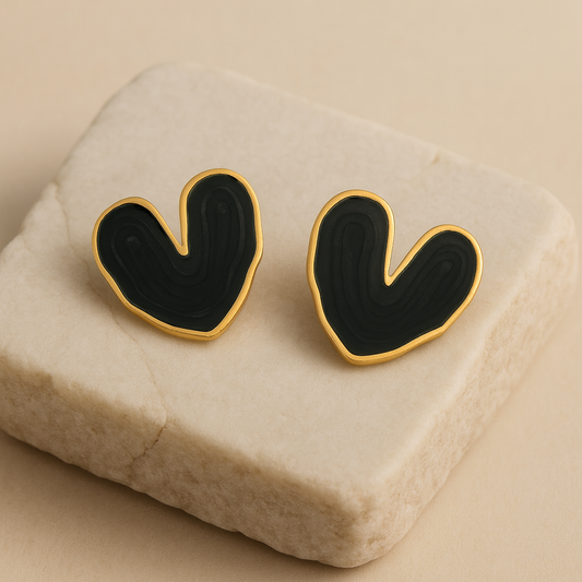 Gold Black Enamel Heart Stud Earring LE10218