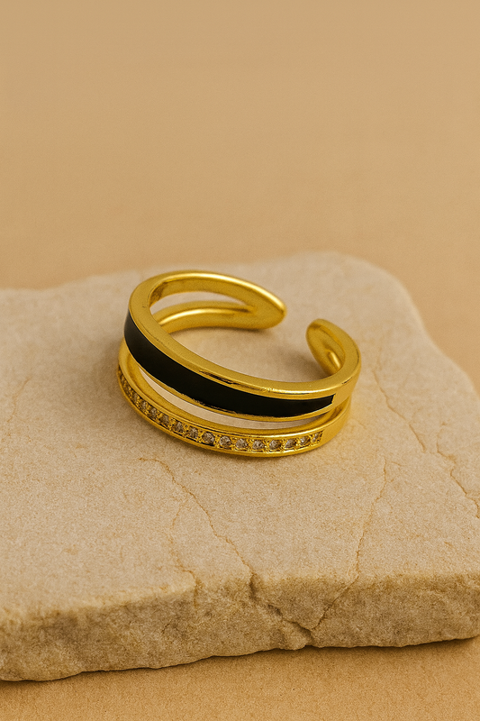 Gold Black Enamel Pavé Open Band Ring LR10134