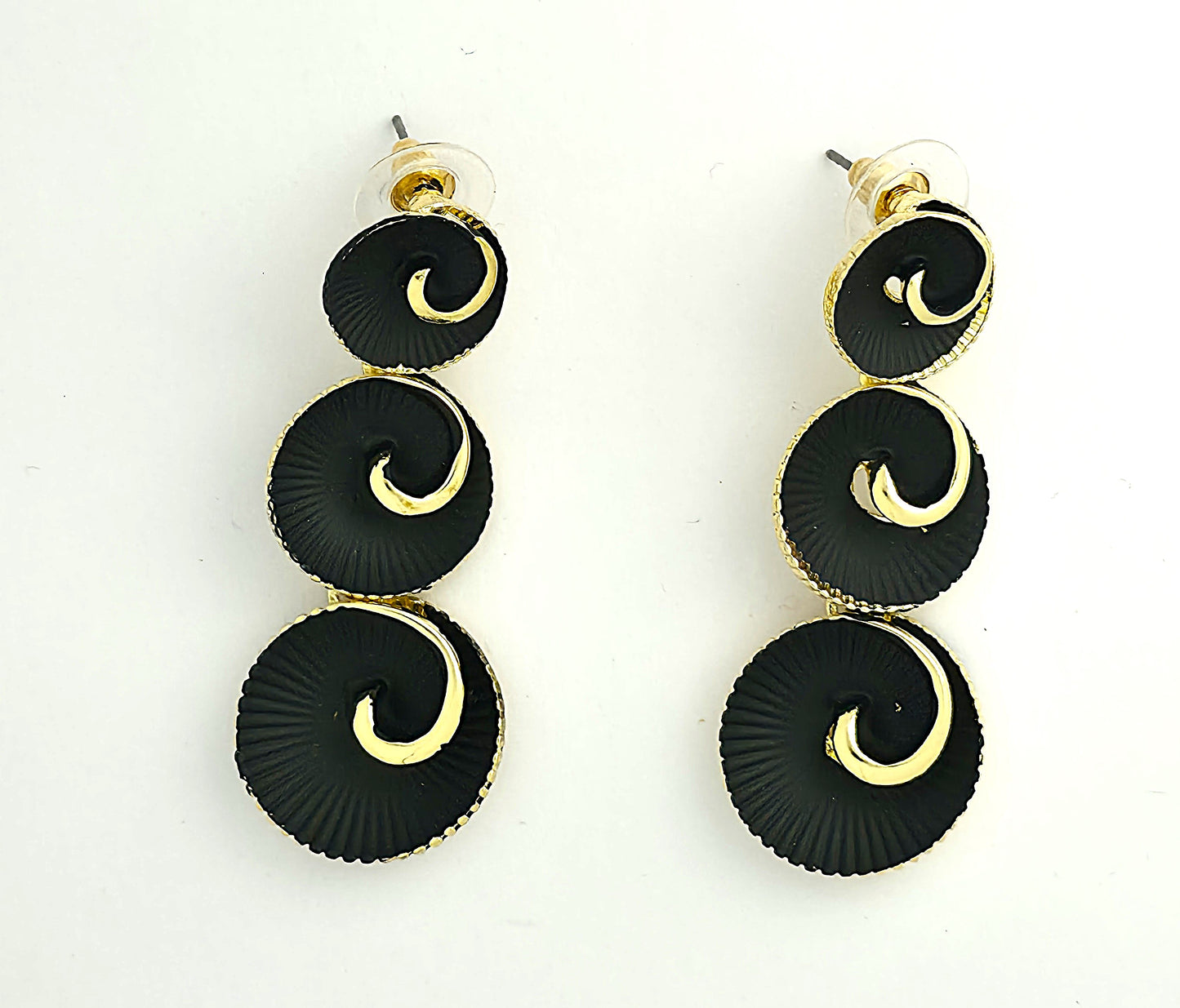 Gold Black Enamel Spiral Disc Drop Earrings LE10247