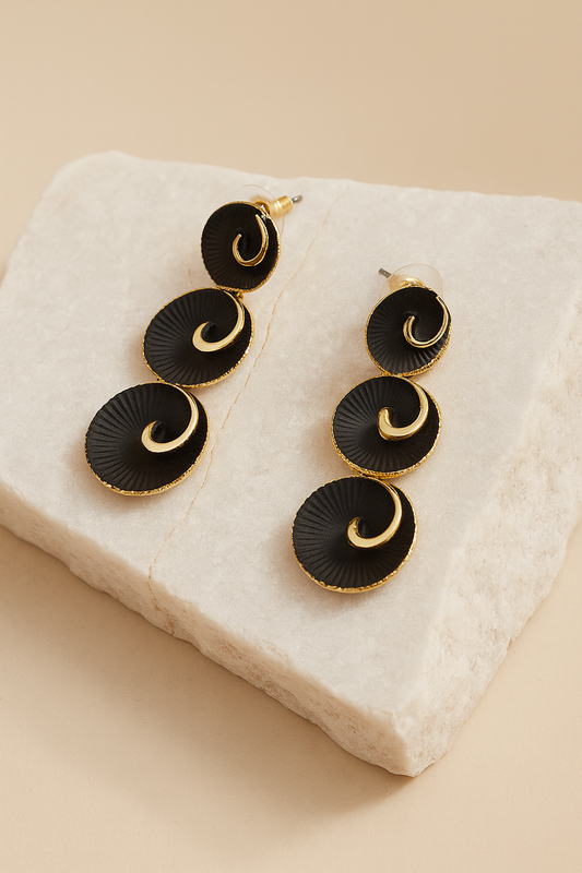 Gold Black Enamel Spiral Disc Drop Earrings LE10247