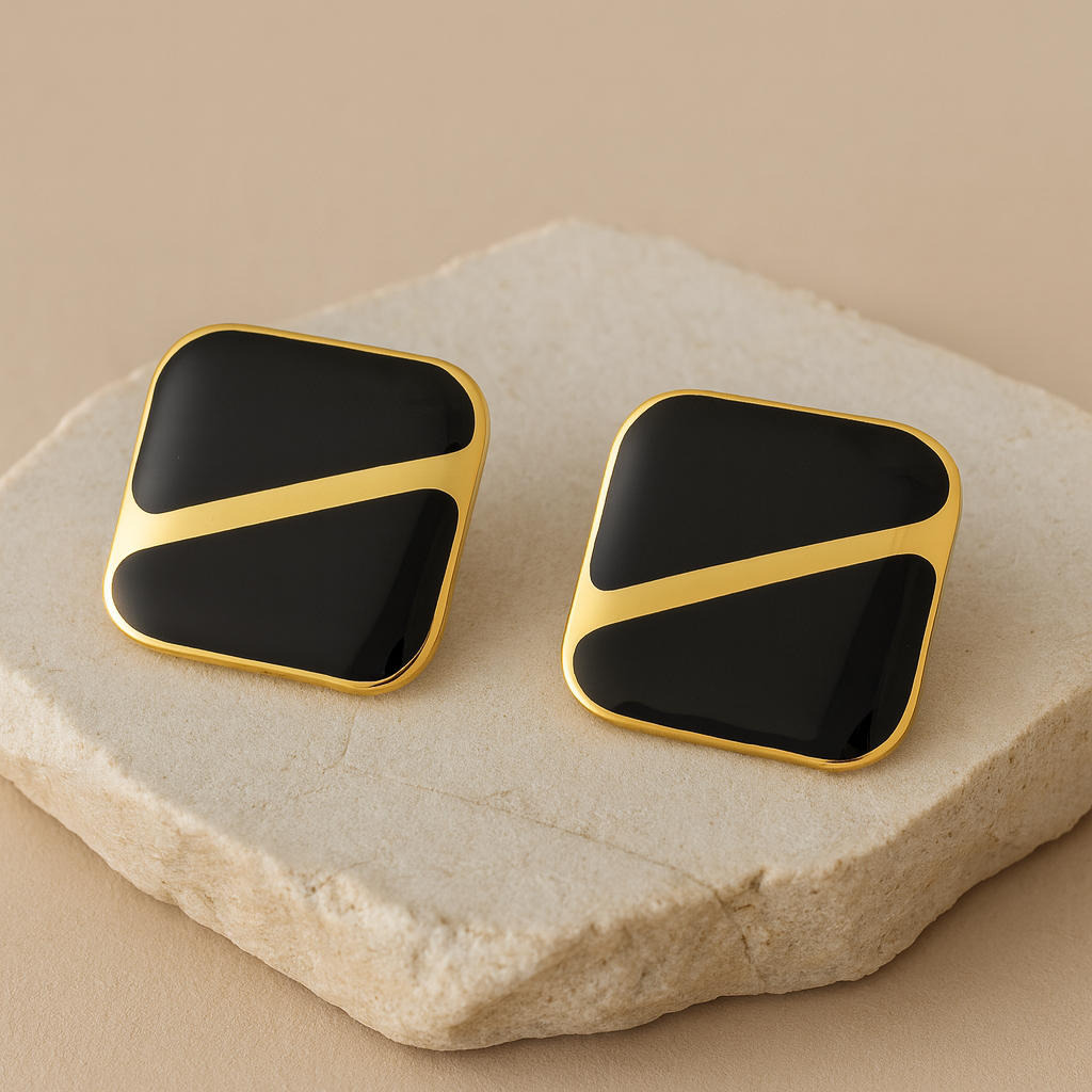 Gold Black Enamel Square Stud Earrings LE10221