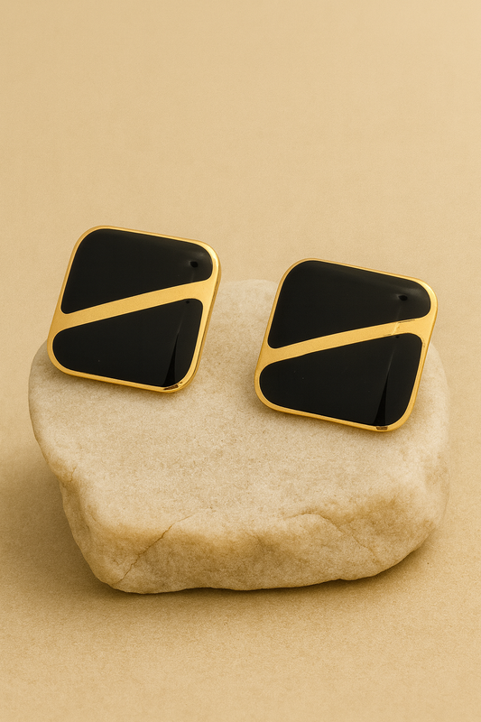 Gold Black Enamel Square Stud Earrings LE10221