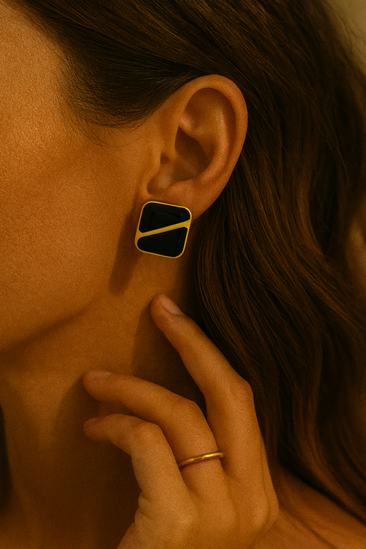 Gold Black Enamel Square Stud Earrings LE10221