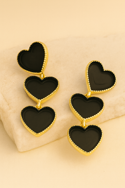 Gold Black Enamel Triple Heart Drop Earrings LE10246