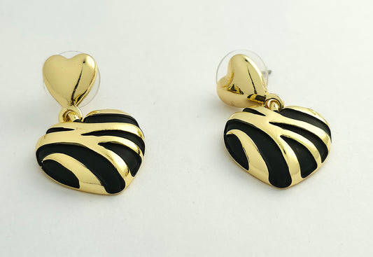 Gold Black Enamel Zebra Heart Drop Earrings LE10251