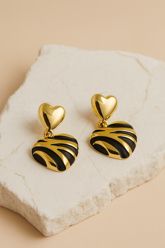 Gold Black Enamel Zebra Heart Drop Earrings LE10251