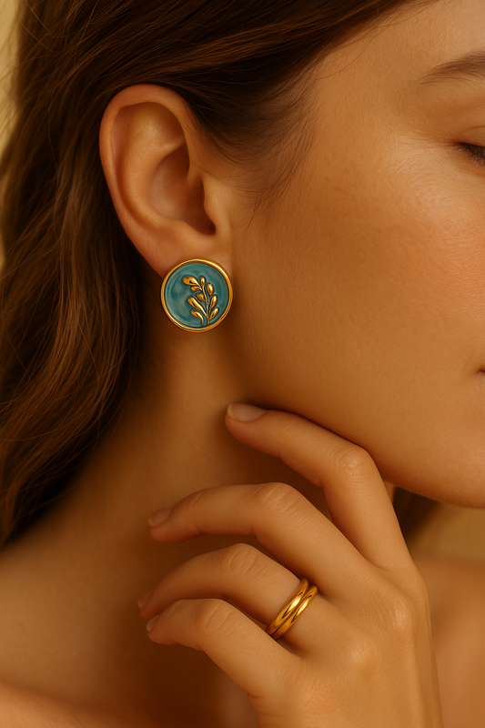 Gold Blue Enamel Botanical Studs LE10156