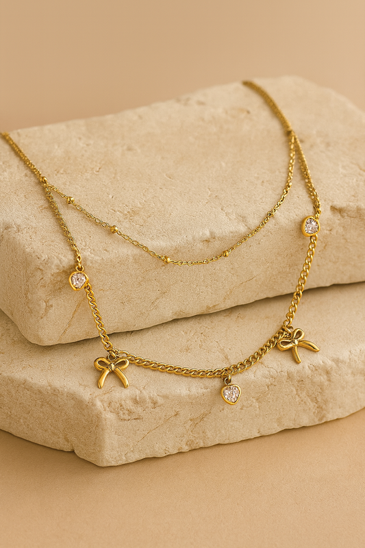 Gold Bow & Heart Charm Layered Necklace – Elegant Double Chain Jewelry LN10148