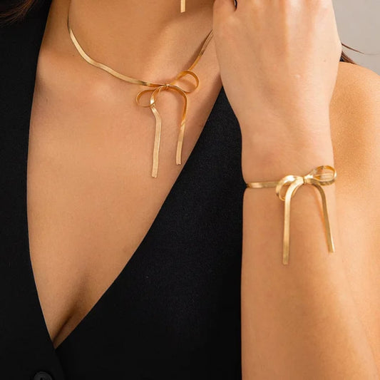 Gold Bow Knot Necklace & Bracelet Set – Minimal Modern Jewelry LN10172