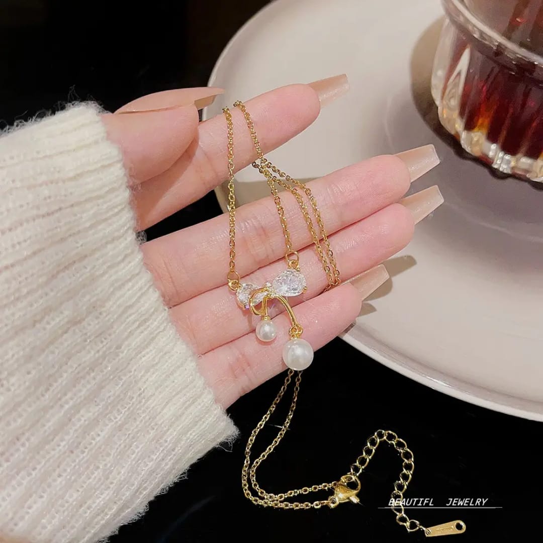 Gold Bow Pearl Drop Necklace Elegant Minimalist Pendant LN10171
