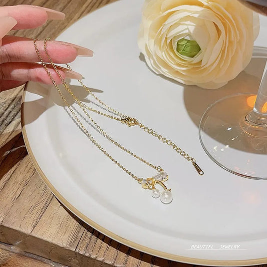 Gold Bow Pearl Drop Necklace Elegant Minimalist Pendant LN10171