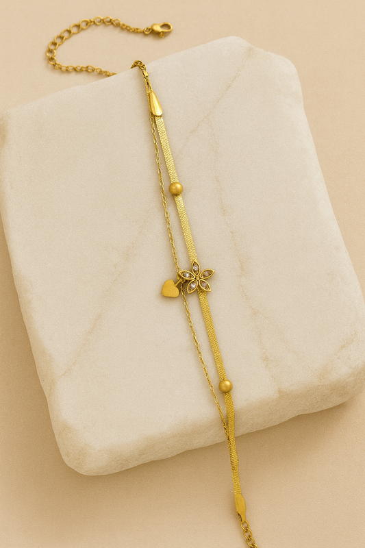 Gold Bracelet – Floral Diamond Charm with Heart Accent and Dual Chain Design LB10066