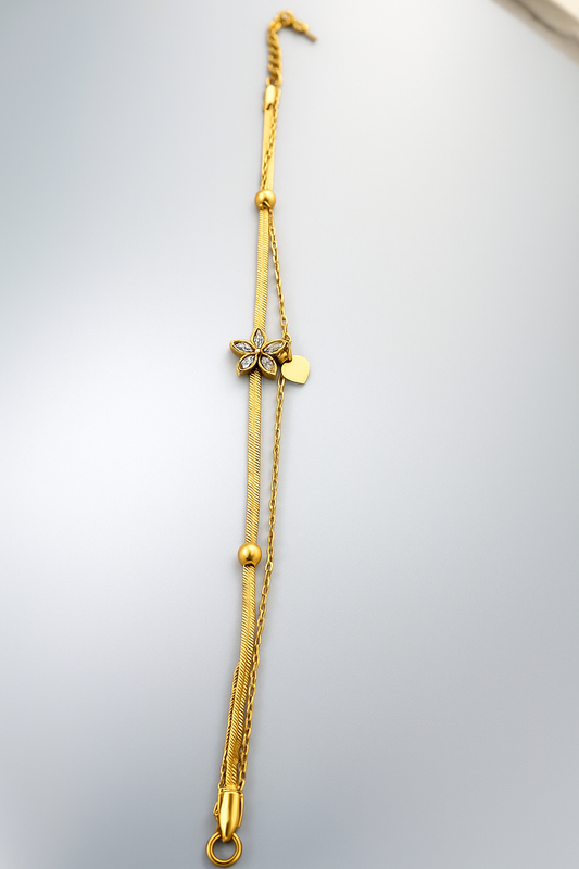 Gold Bracelet – Floral Diamond Charm with Heart Accent and Dual Chain Design LB10066