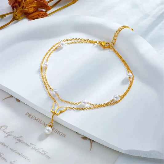Gold Butterfly Pearl Charm Bracelet LB10108