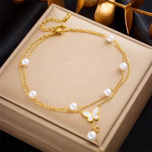 Gold Butterfly Pearl Charm Bracelet LB10108