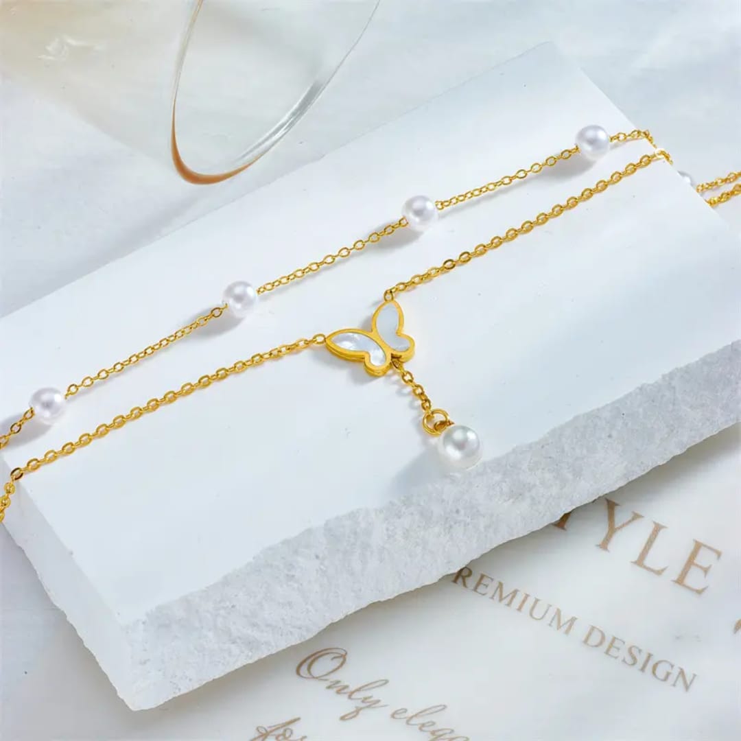 Gold Butterfly Pearl Charm Bracelet LB10108