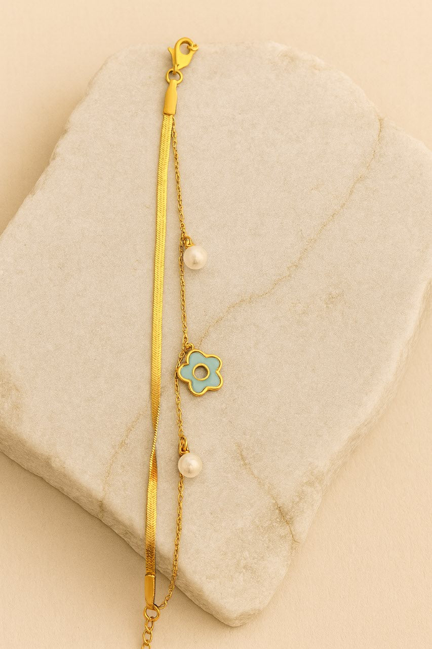Gold Chain Bracelet with Blue Flower Charm & Pearls Elegant LB10088