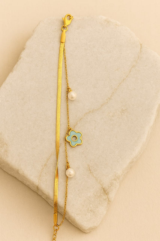 Gold Chain Bracelet with Blue Flower Charm & Pearls Elegant LB10088