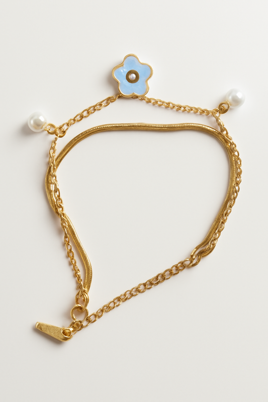 Gold Chain Bracelet with Blue Flower Charm & Pearls Elegant LB10088