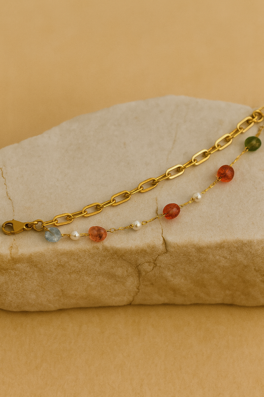 Gold Chain Bracelet with Multicolor Gemstones & Pearls – Elegant LB10095