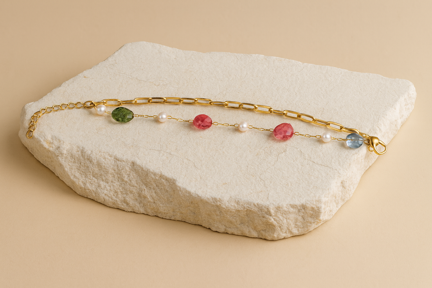 Gold Chain Bracelet with Multicolor Gemstones & Pearls – Elegant LB10095