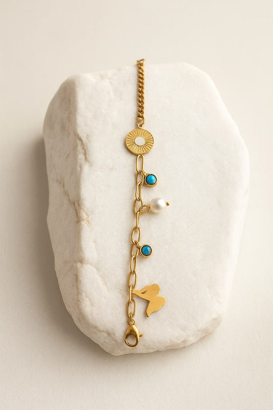 Gold Chain Bracelet with Turquoise Charms, Pearl & Butterfly Pendant LB10089