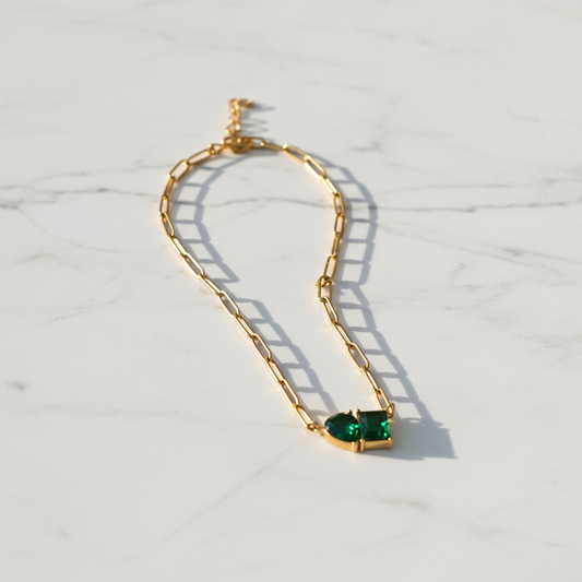 Gold Chain Necklace with Emerald Green Teardrop Pendant LN10296