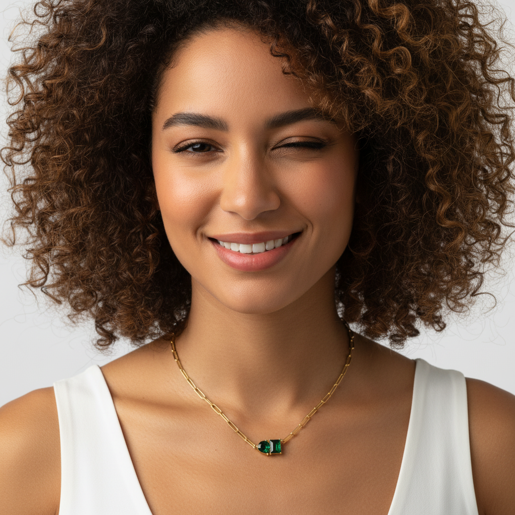 Gold Chain Necklace with Emerald Green Teardrop Pendant LN10296