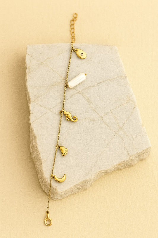 Gold Charm Bracelet – Moon, Pearl, Footprint & Symbolic Charms Jewelry LB10070