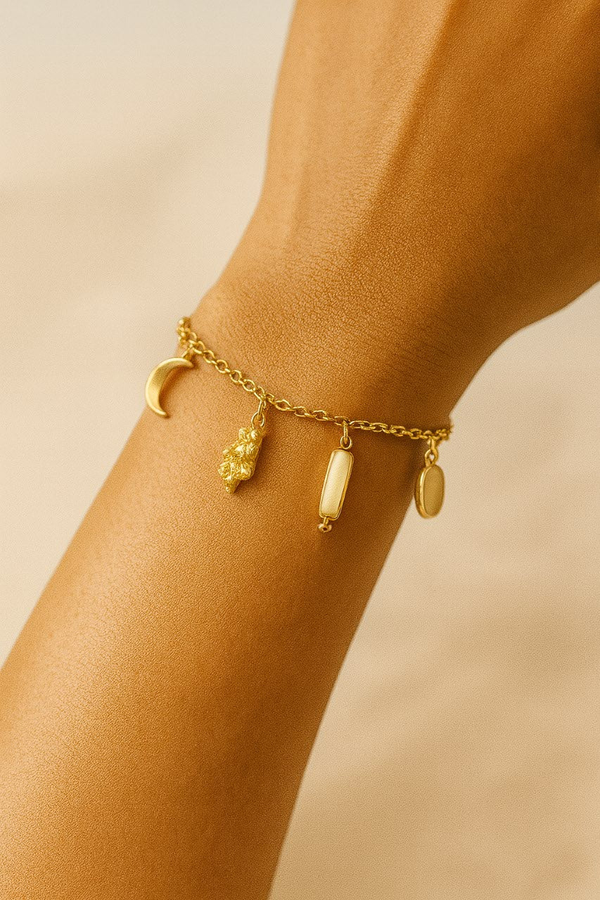 Gold Charm Bracelet – Moon, Pearl, Footprint & Symbolic Charms Jewelry LB10070