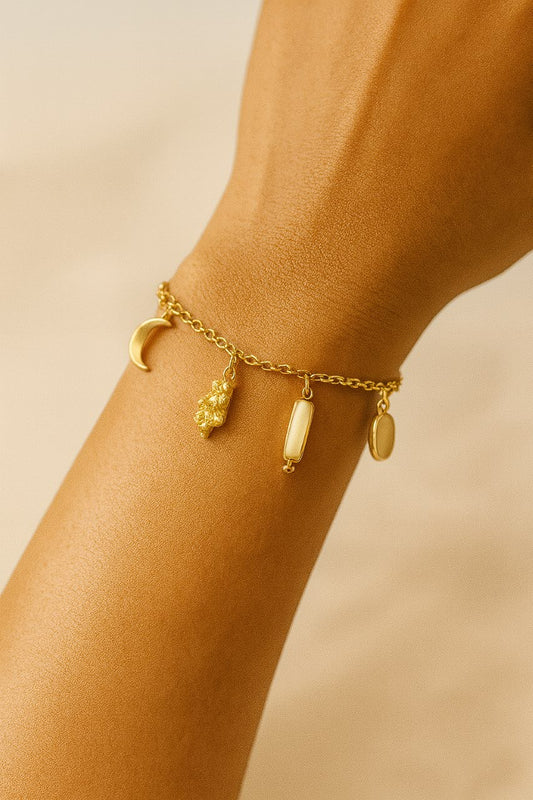 Gold Charm Bracelet – Moon, Pearl, Footprint & Symbolic Charms Jewelry LB10070