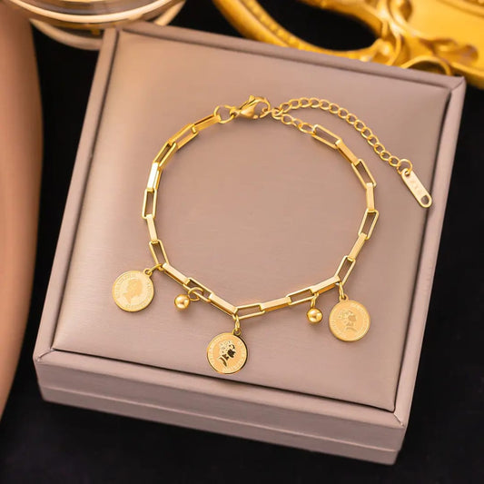 Gold Coin Charm Link Bracelet – Trendy Chain Jewelry LB10103